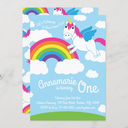 Unicorns and Rainbow 1st Birthday Cute Invitations