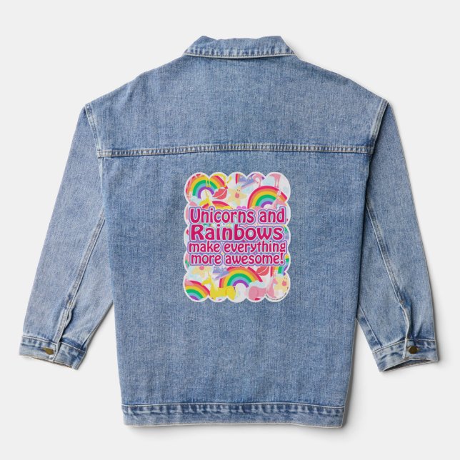 Unicorns and Rainbows Fun Neon 80s Logo Art Denim Jacket (Back)