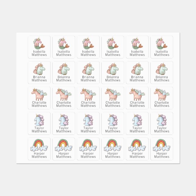 Unicorns and Rainbows with Child's Name Labels (Sheet)