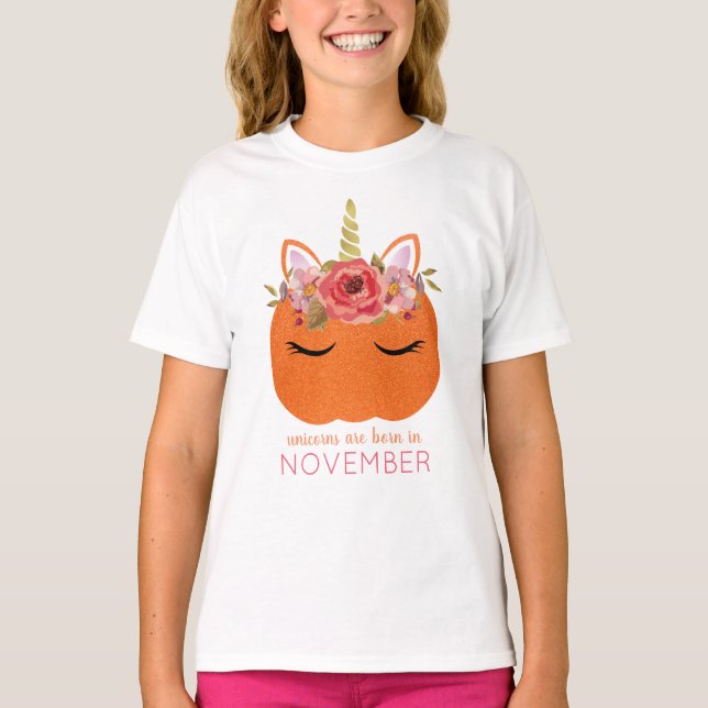Unicorns are born in November Glitter Pumpkin T-Shirt (Front)