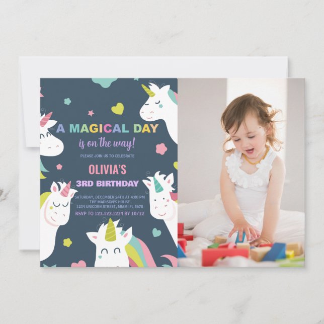 Unicorns Birthday Invitations with photo (Front)