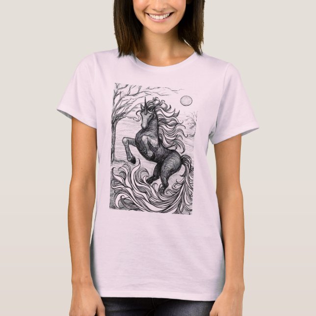 Unicorns Black Unicorn Black & White Drawing T-Shirt (Front)