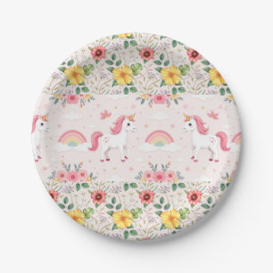 Unicorns & Botanical Flowers, Rainbows, Party Paper Plates