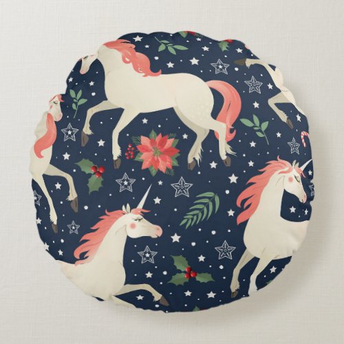 Unicorns Christmas Middle Ages Print Round Pillow