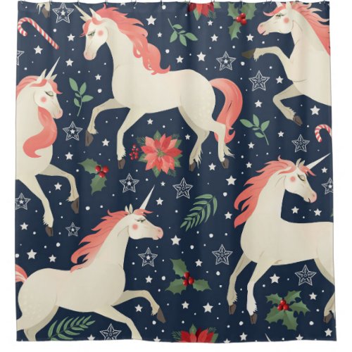 Unicorns Christmas Middle Ages Print Shower Curtain
