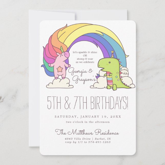 Unicorns & Dinosaurs Birthday Invitations (Front)