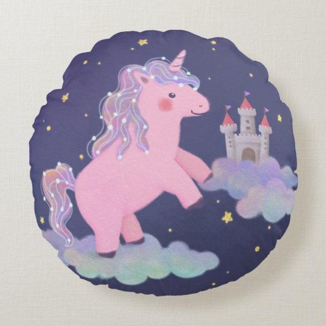 Unicorn's Dream Fantasy Illustration Round Pillow (Front)