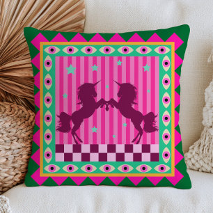 Unicorns& Evil Eyes Green& Pink Fantasy Folk Art Throw Pillow