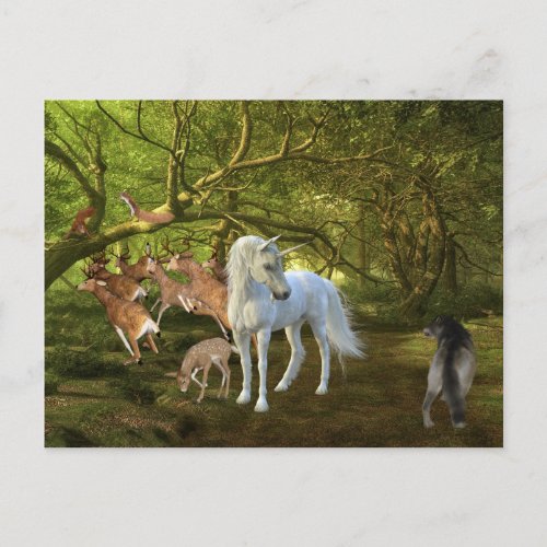 Unicorns Forest Defender Deer Wolf Postcard