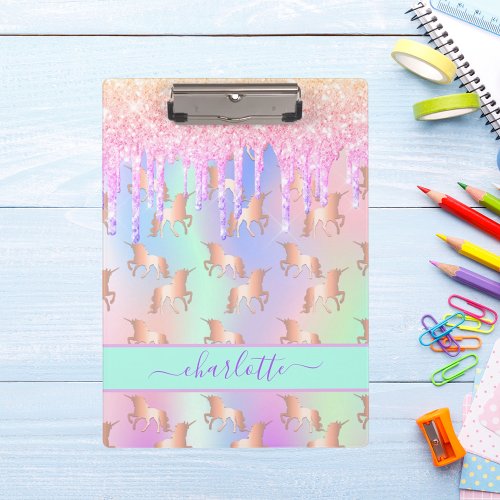 Unicorns glitter pink iridescent rose gold rainbow clipboard