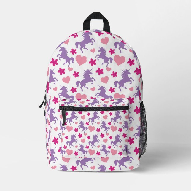 Unicorns & Hearts Pattern Printed Backpack (Front)
