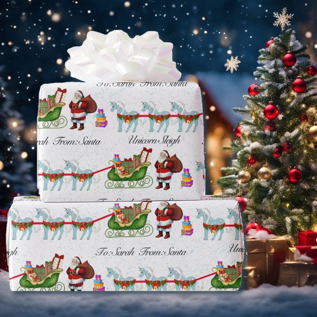 Unicorns Hitched To Santa's Sleigh Add Name Wrapping Paper (Creator Uploaded)