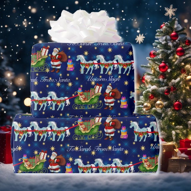 Unicorns Hitched To Santa's Sleigh Add Name Wrapping Paper (Creator Uploaded)