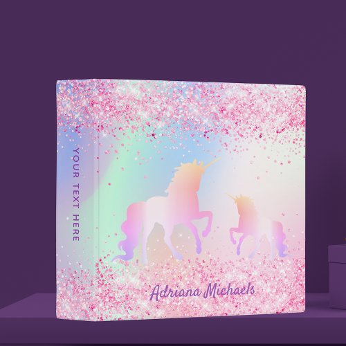 Unicorns holographic pink glitter name 3 ring binder