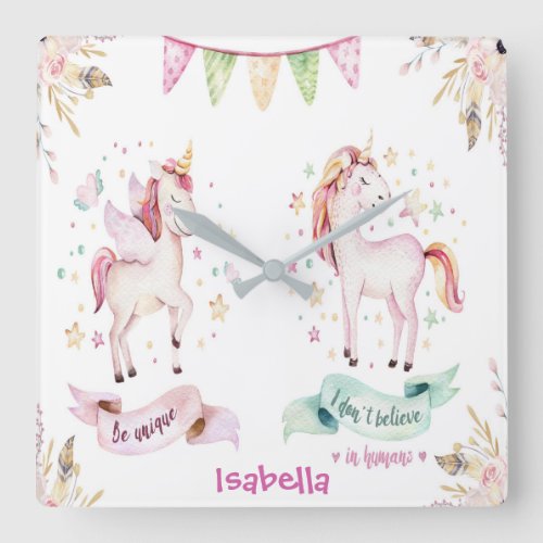 Unicorns in love boho style nursery monogram square wall clock