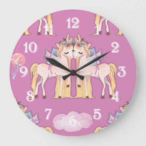 Unicorns in Love Pink Large Clock
