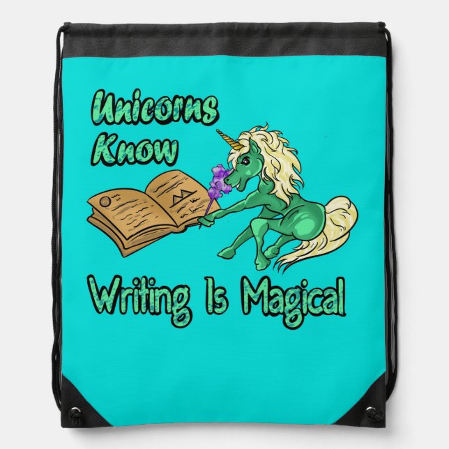 Unicorns Know Writing Is Magical Drawstring Bag (Front)