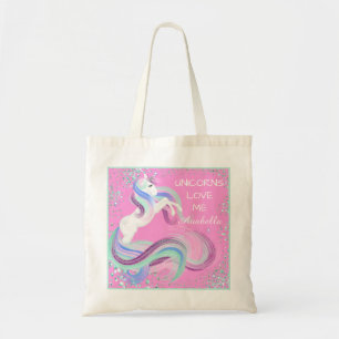 "Unicorns Love Me" Glittery Stars Tote Bag Pink