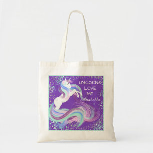 "Unicorns Love Me" Glittery Stars Tote Bag Purple