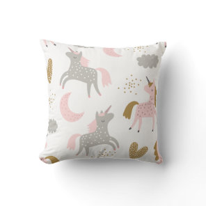 Unicorns Magical Pink Grey Boho Girly Cute Throw Pillow