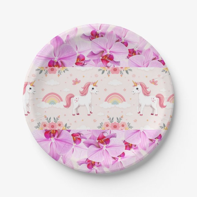 Unicorns & Orchids, Rainbows, Flowers, Party Paper Plates (Front)
