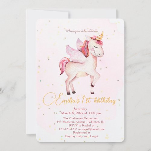 Unicorns Pegasus Watercolor Pink Birthday Girls  Invitation