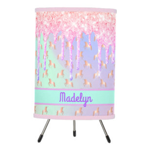 Unicorns pink glitter drips rose gold monogram tripod lamp