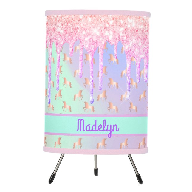 Unicorns pink glitter drips rose gold monogram tripod lamp (Front)