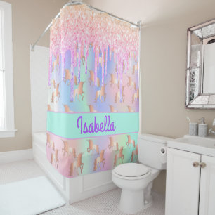 Unicorns pink gold mint green name shower curtain