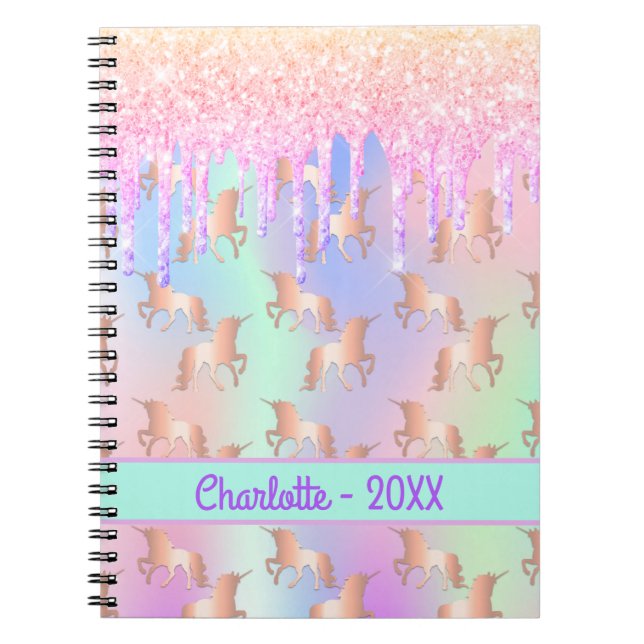 Unicorns pink mint drips name holographic girl notebook (Front)