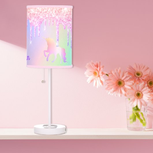 Unicorns pink purple holographic drips name girl table lamp