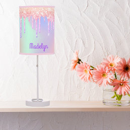 Unicorns pink purple holographic drips name girl table lamp