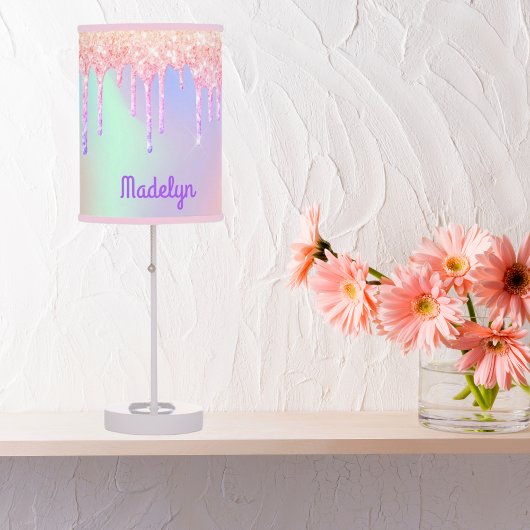 Unicorns pink purple holographic drips name girl table lamp