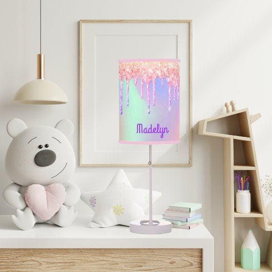 Unicorns pink purple holographic drips name girl table lamp