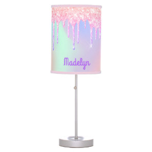 Unicorns pink purple holographic name girl table lamp