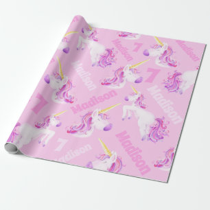 Unicorns pink purple personalized name and age 7 wrapping paper