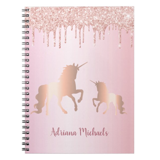 Unicorns pink rose gold glitter name notebook (Front)