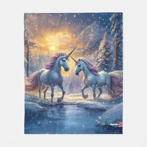 Unicorns Playing in Snow Design by Rich AMeN Gill Fleece Blanket
