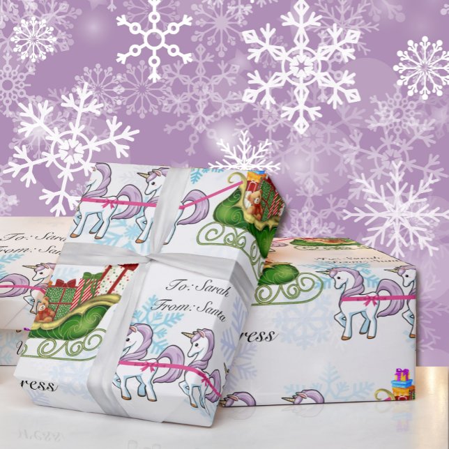 Unicorns Pulling Santa's Sleigh Add Child's Name Wrapping Paper