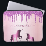Unicorns purple pink glitter name script laptop sleeve<br><div class="desc">A pink background. Purple faux glitter drips as decoration and two purple colored fantasy unicorns. Personalize and add your name. The name is written with a large modern hand lettered style script. Purple colored letters. To keep the swashes only delete the sample name, leave the spaces or emoji's in front...</div>