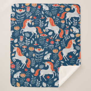 Unicorns,rabbits,birds,flowers on a blue backgroun sherpa blanket