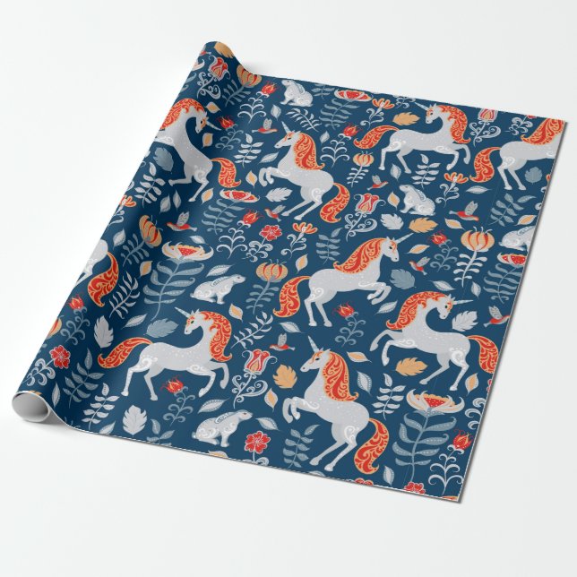 Unicorns,rabbits,birds,flowers on a blue backgroun wrapping paper (Unrolled)