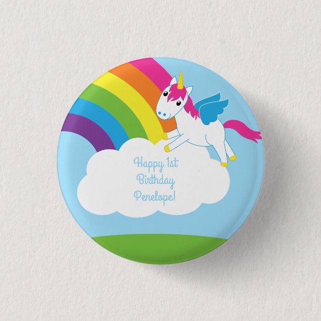 Unicorns & Rainbows Cute 1st Birthday Party Theme Button (Front)