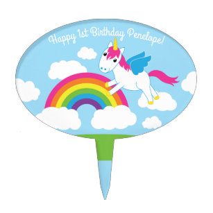 Unicorns & Rainbows Cute 1st Birthday Party Theme Cake Topper