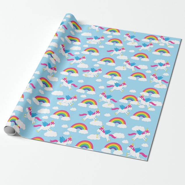 Unicorns & Rainbows Cute 1st Birthday Party Theme Wrapping Paper (Unrolled)