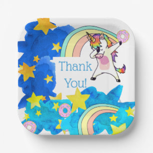 Unicorns Rainbows Donuts in Blue Starry Sky Custom Paper Plates