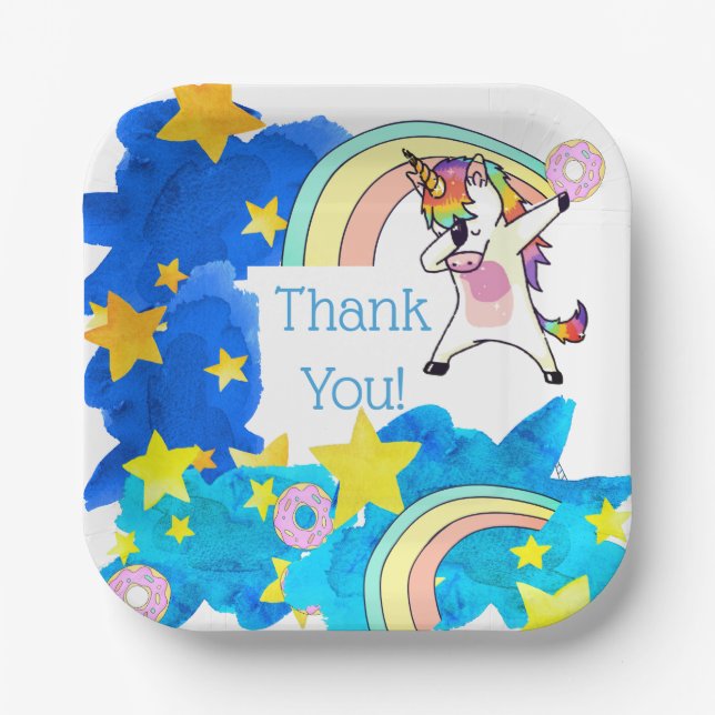 Unicorns Rainbows Donuts in Blue Starry Sky Custom Paper Plates (Front)