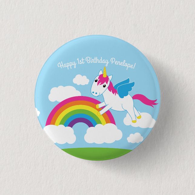 Unicorns & Rainbows Kid's Birthday Party Cute Button (Front)