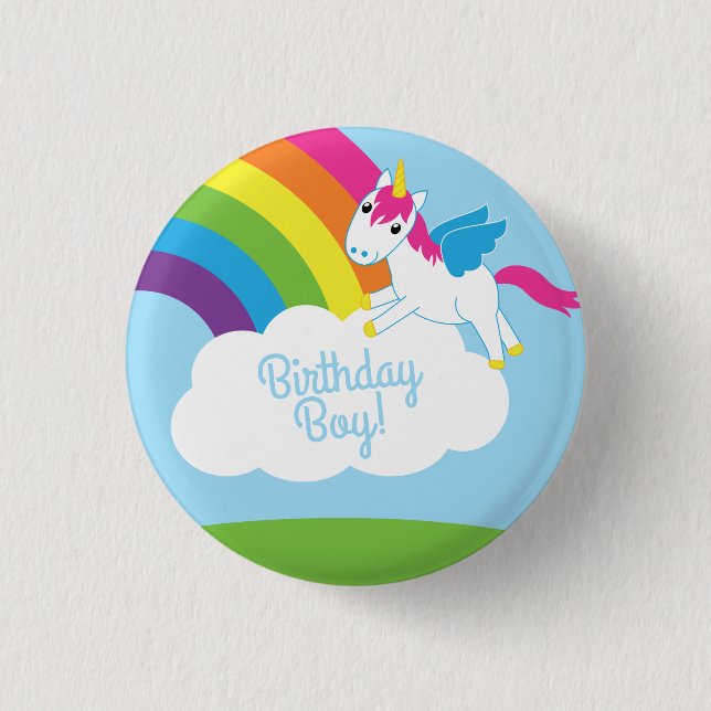 Unicorns & Rainbows Kid's Birthday Party Cute Button (Front)