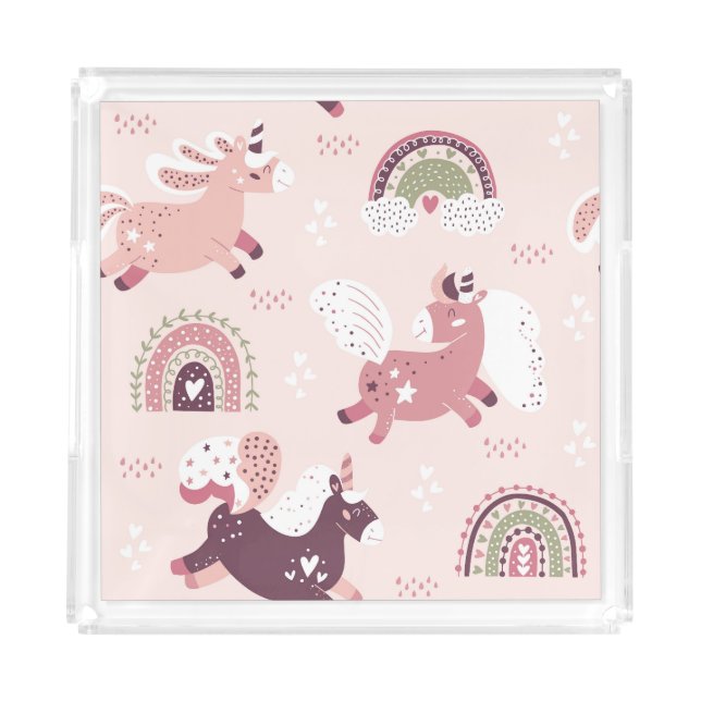 Unicorns Rainbows: Pastel Magic Background. Acrylic Tray (Front)